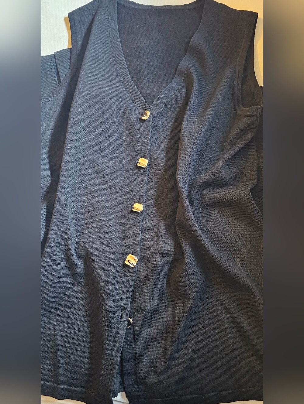 Sleeveless Black Knit Vest with Gold Functional Buttons